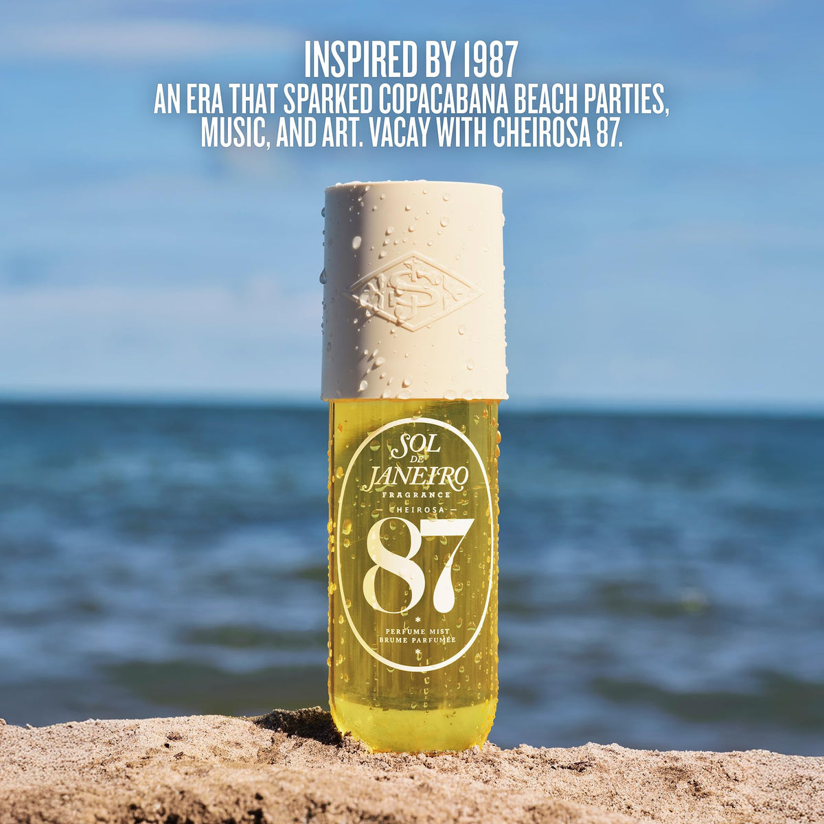 Sol de Janeiro Cheirosa 87 Hair and Body Fragrance Mist 90mL on a beach setting