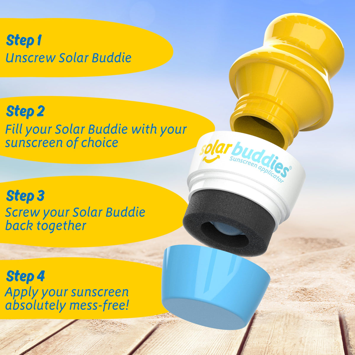 Solar Buddies Sunscreen Applicator blue duo with sunscreen bottle