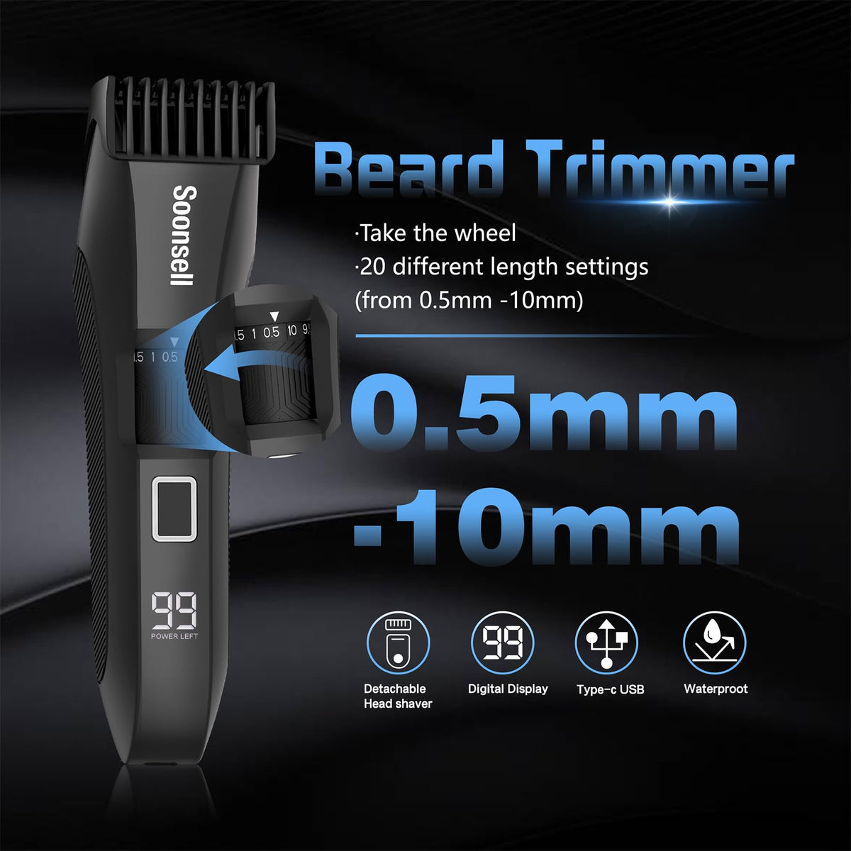 Soonsell beard trimmer with zoom wheel and length settings