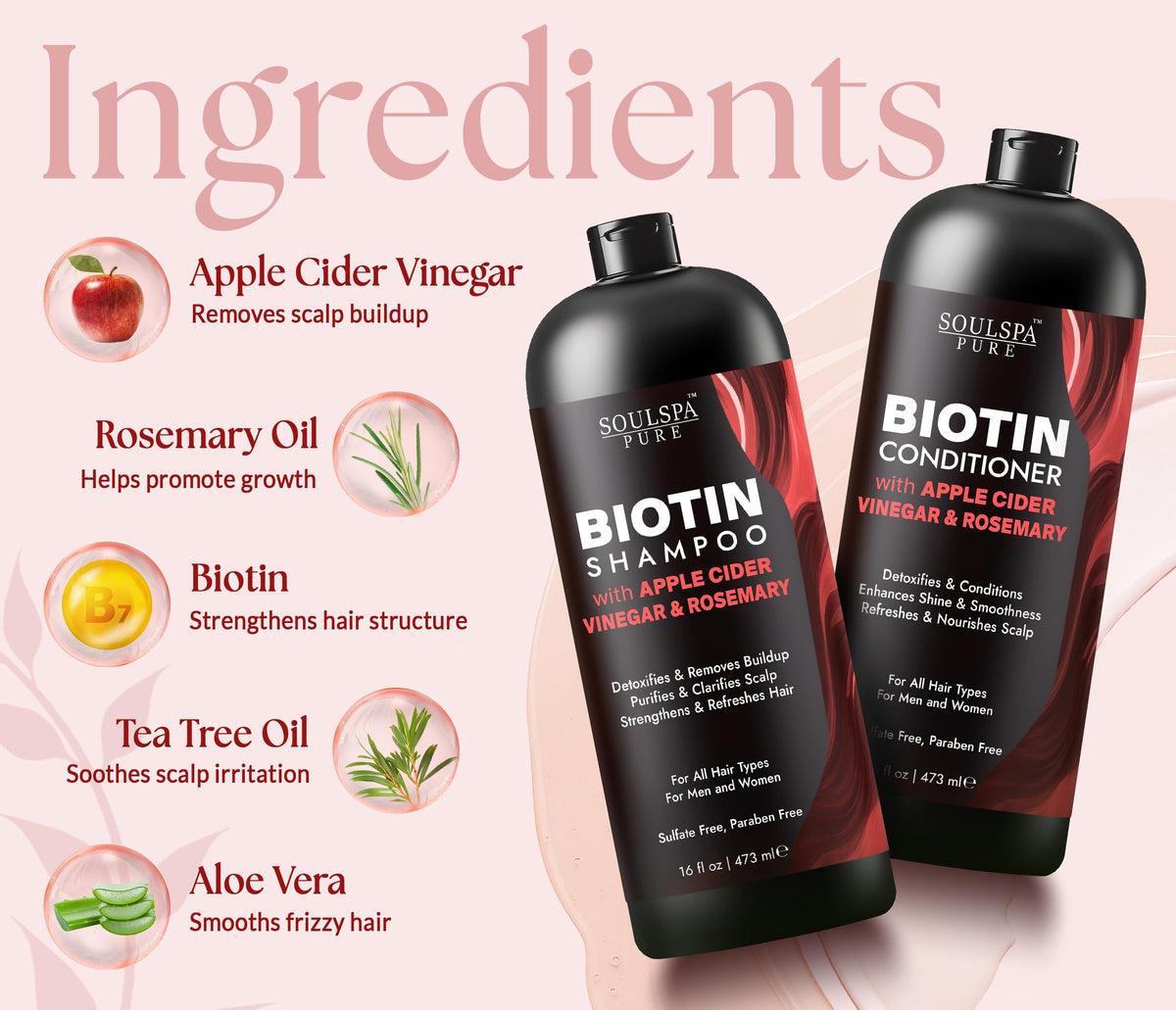 SOULSPA PURE Apple Cider Vinegar Biotin Shampoo and Conditioner set with ingredients