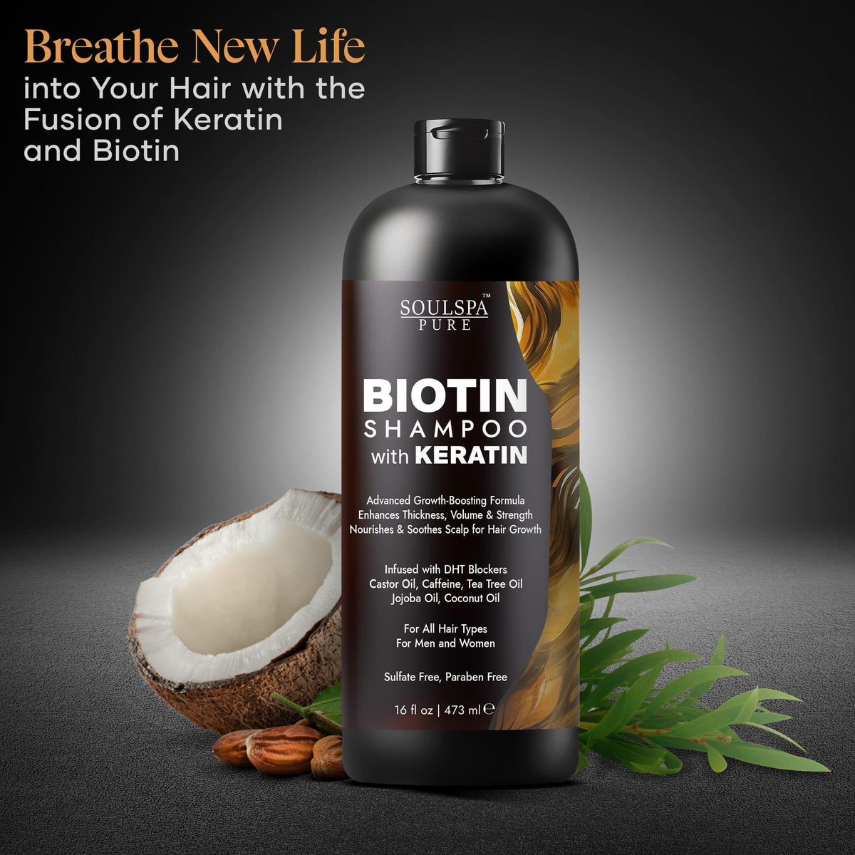 SOULSPA PURE Biotin Shampoo in a bathroom setting