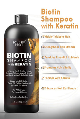 SOULSPA PURE Biotin Shampoo side view with label