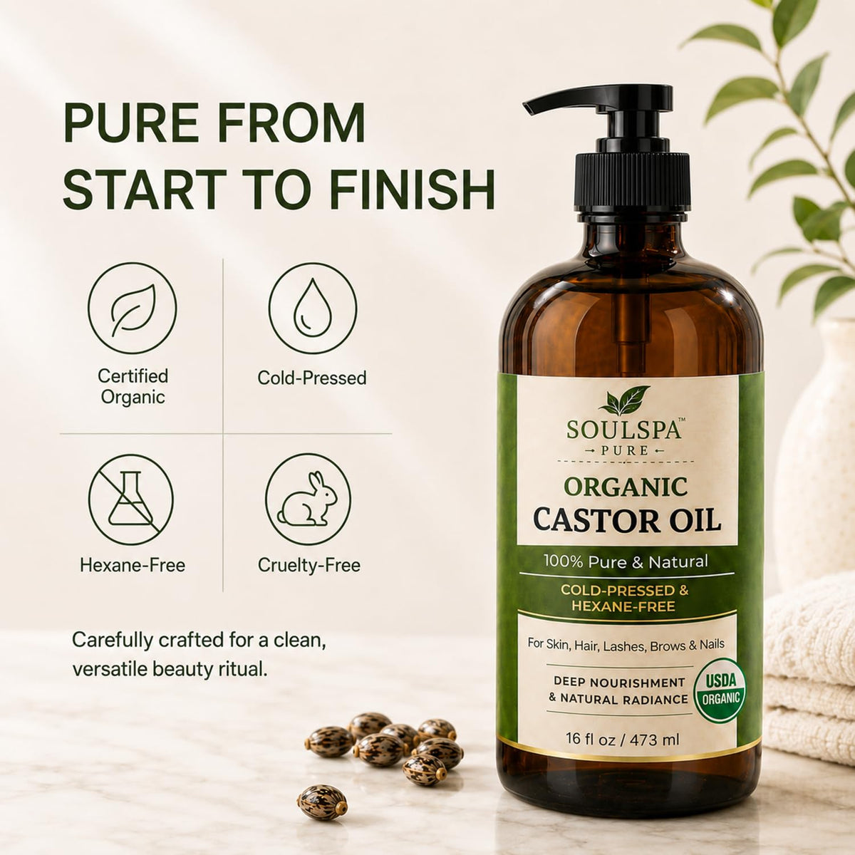 SOULSPA PURE Organic Castor Oil on a wooden table