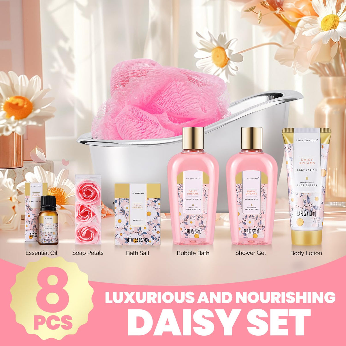 spa luxetique Daisy Bath and Body Gift Set 8PCS contents including shower gel and lotion