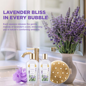 Spa Luxetique Lavender body scrub jar with lavender flowers