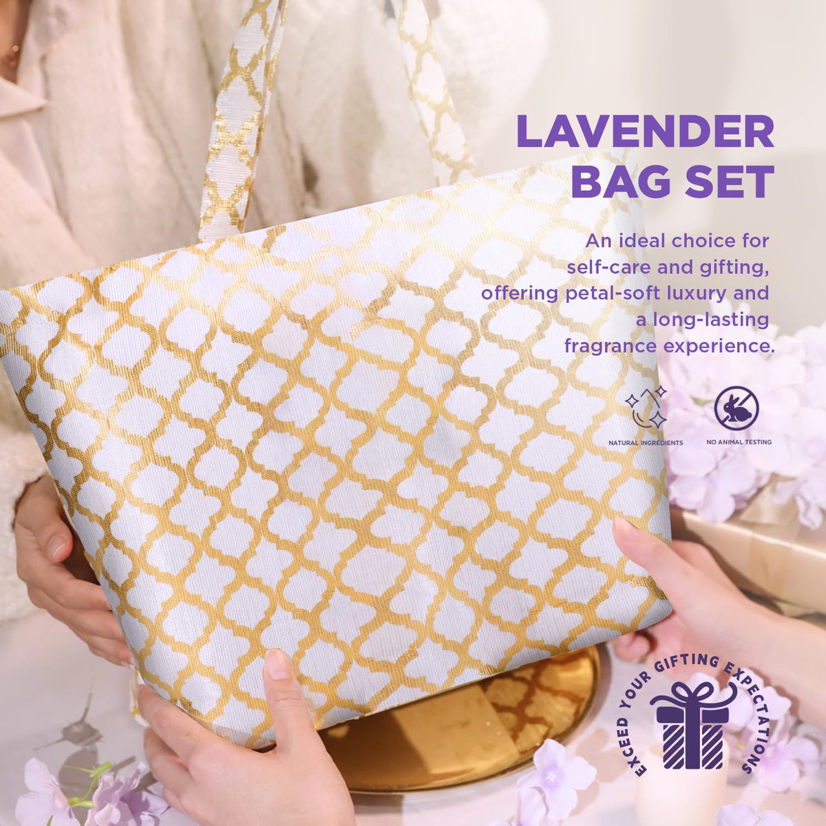 Spa Luxetique Lavender bubble bath bottle with floral background