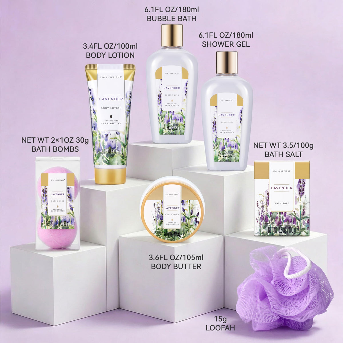 spa luxetique Lavender Shower Gel bottle close-up
