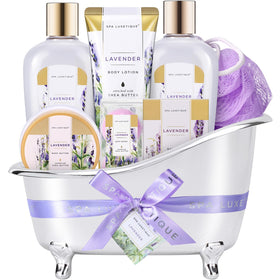 spa luxetique Lavender Spa Gift Basket front view with all items