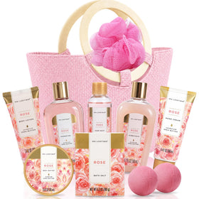Spa Luxetique Rose 10pc Gift Basket with all products displayed