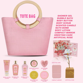 Spa Luxetique tote bag with spa gift set items