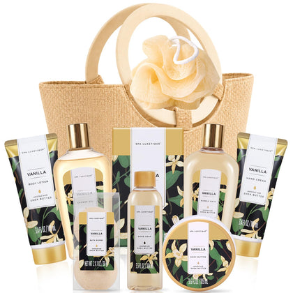 spa luxetique Vanilla Spa Gift Basket front view with contents