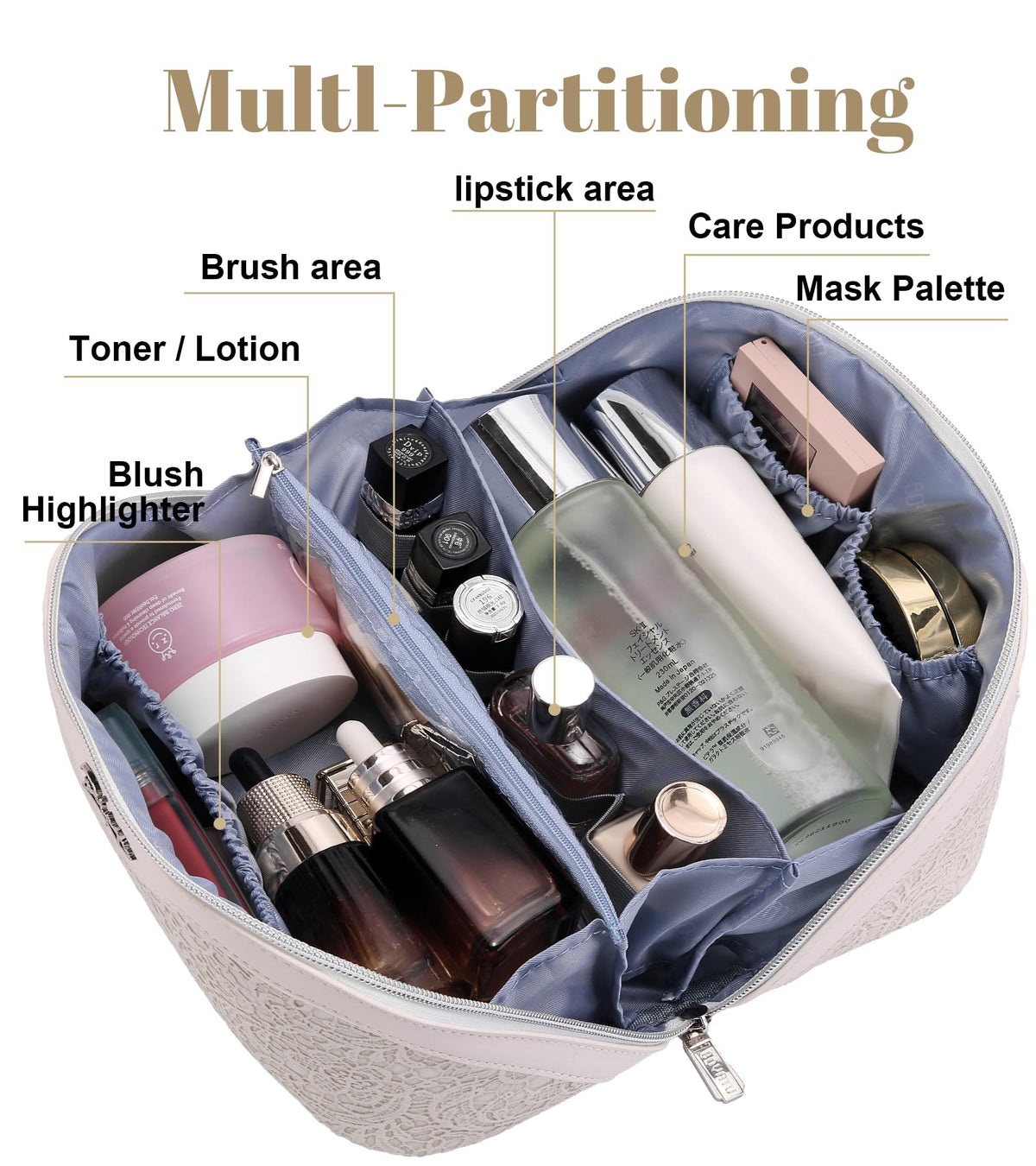 Spacious BOYATU makeup bag showing zipper opening