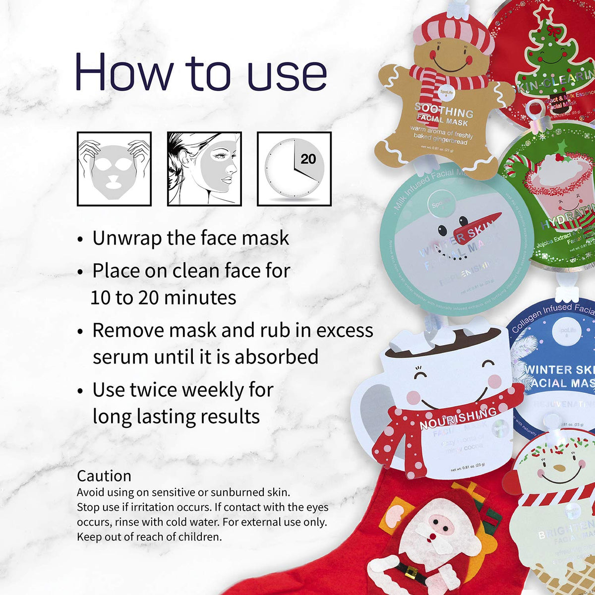 SpaLife face masks arranged with holiday decorations