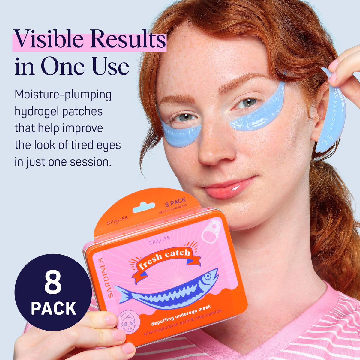 SpaLife sardine under eye patches applied on model