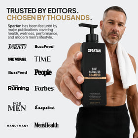 SPARTAN Root Activator Shampoo for Men on a wooden shelf