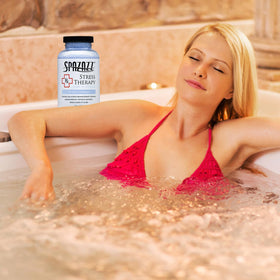 Spazazz RX Stress Therapy Bath Salts displayed with bath accessories