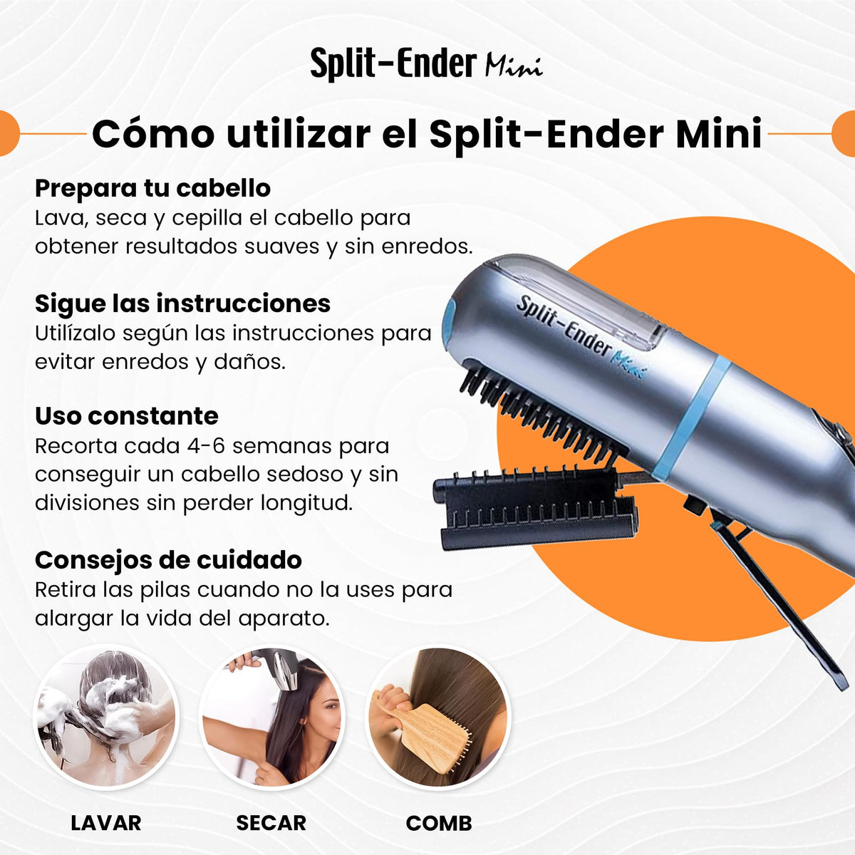 Split-Ender Mini cordless split end hair trimmer with sectioning clip