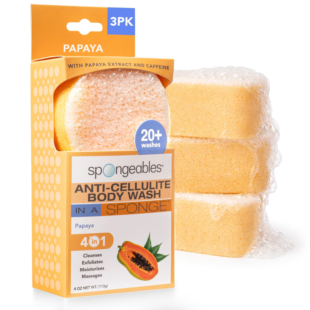 Spongeables Anti Cellulite Body Wash Sponge in papaya scent front view