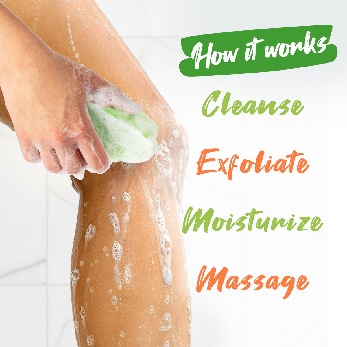 Spongeables Anti Cellulite Body Wash Sponge in use during a bath