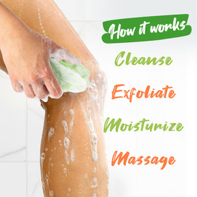 Spongeables Anti Cellulite Body Wash Sponge in use during a bath