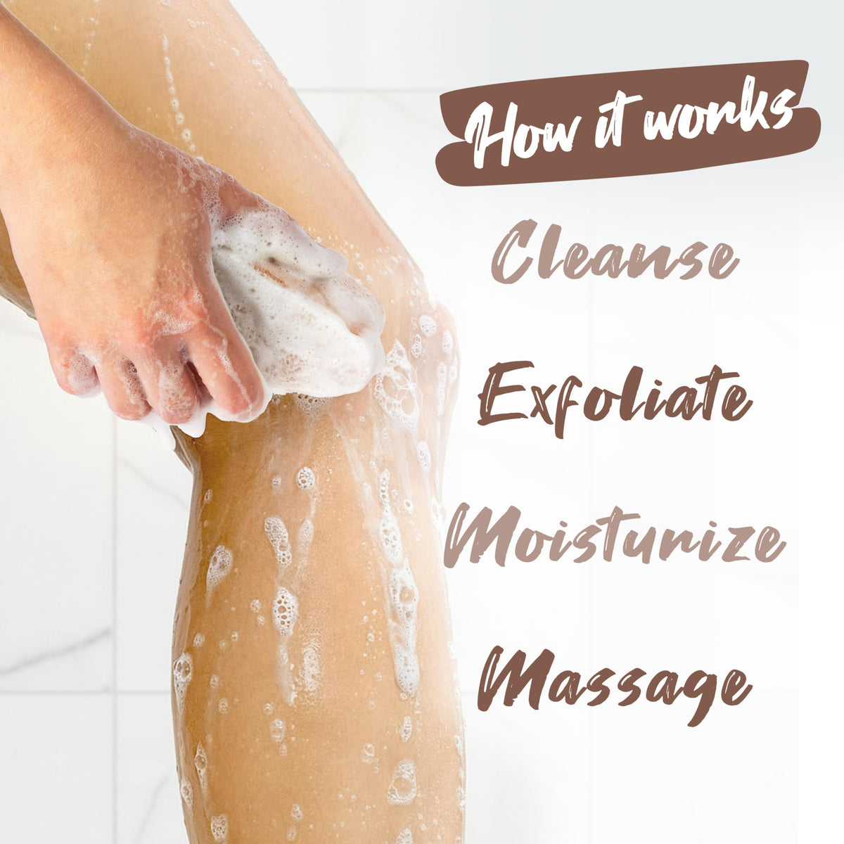 Spongeables Anti Cellulite Body Wash Sponge in use, lathering on skin