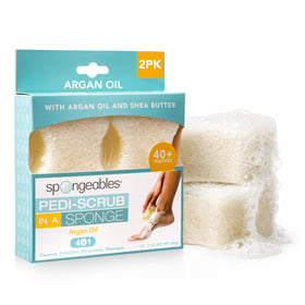 Spongeables Pedi Scrub Foot Exfoliating Sponge front view with argan oil