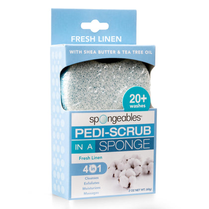 Spongeables Pedi Scrub Foot Exfoliating Sponge front view with fresh linen scent