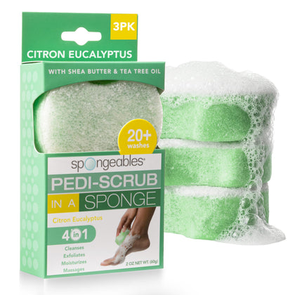 Spongeables Pedi Scrub Foot Exfoliating Sponges front view with citron eucalyptus scent