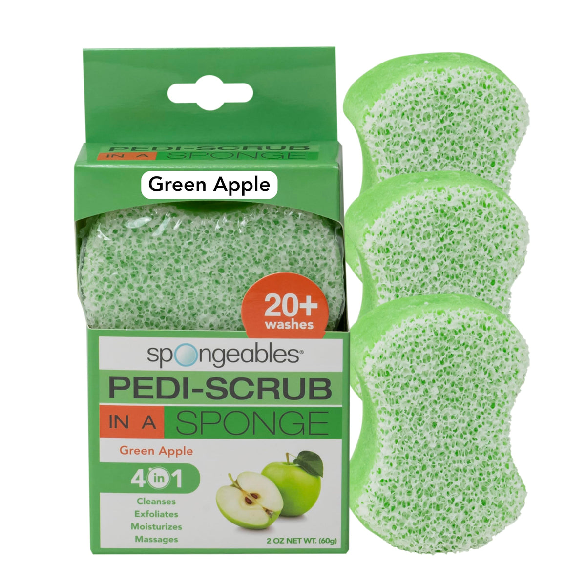 Spongeables Pedi Scrub Foot Exfoliating Sponges in green apple scent, 3 count packaging