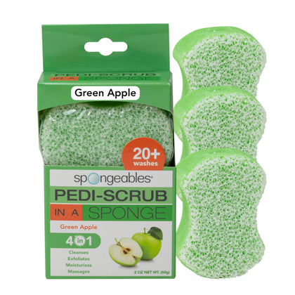 Spongeables Pedi Scrub Foot Exfoliating Sponges in green apple scent, 3 count packaging