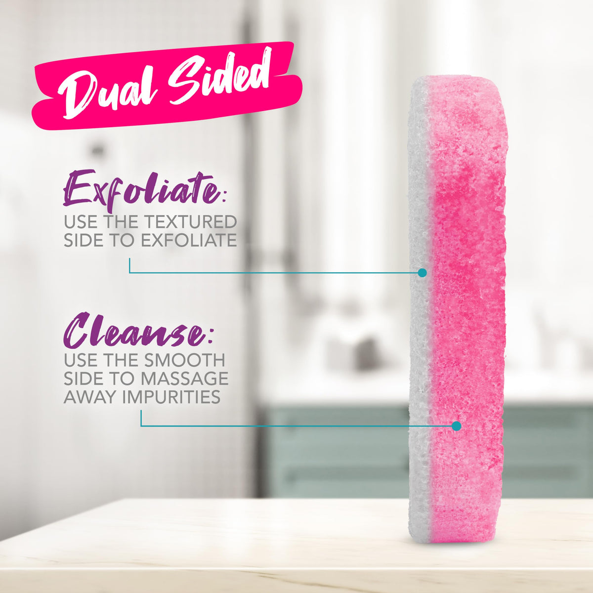 Spongeables Pedi Scrub on a bathroom counter with lavender decor
