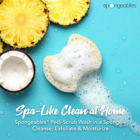 Spongeables Pedi Scrub showing dual-textured sides for exfoliation and cleansing