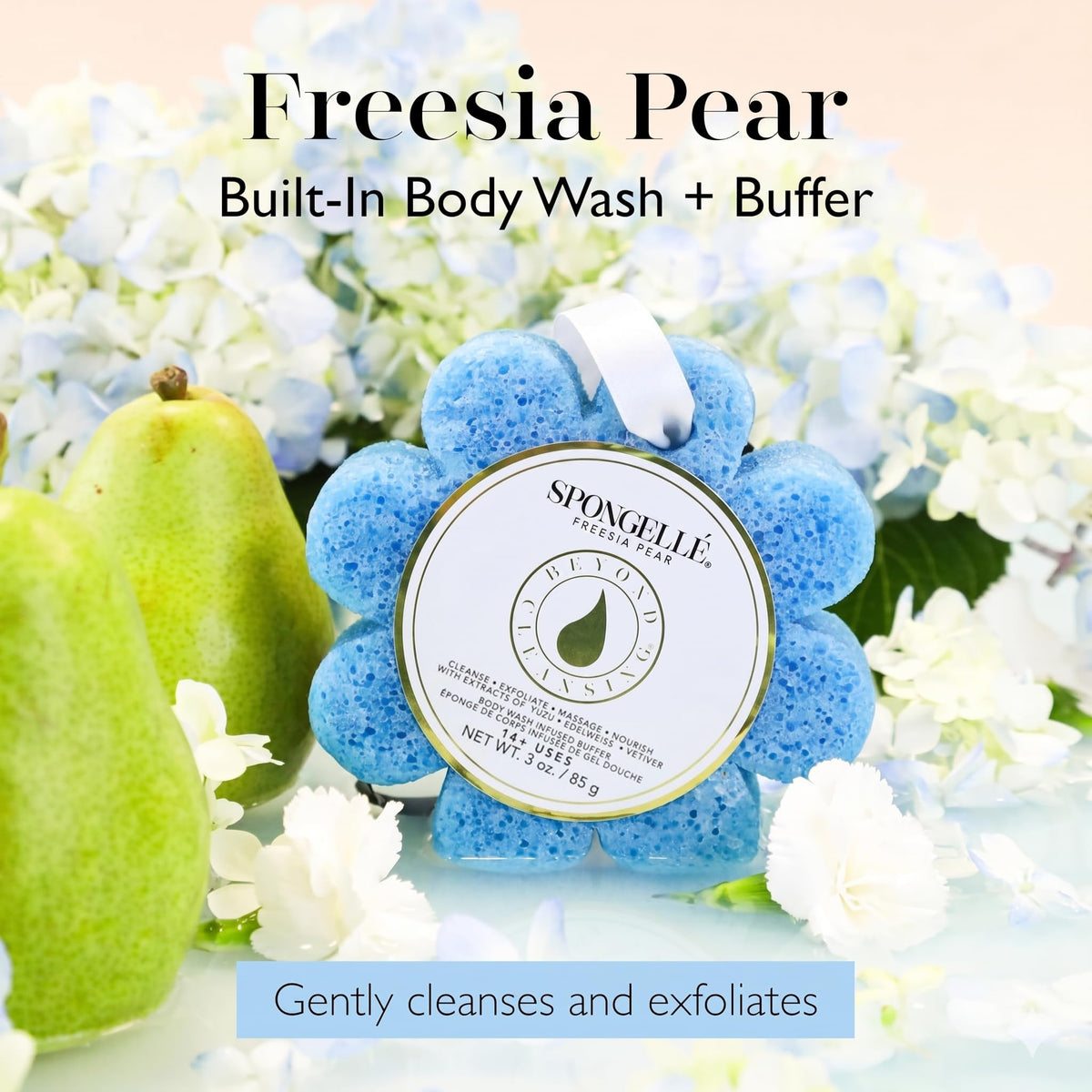 SPONGELLÉ Freesia Pear Bath Sponge packaging