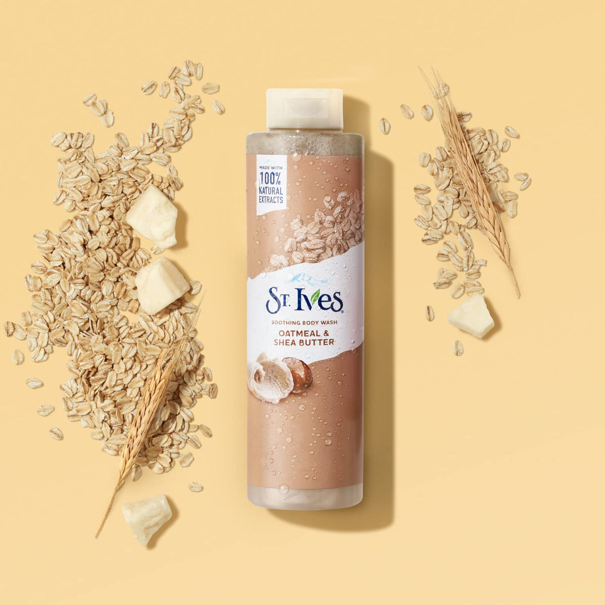 St. Ives Body Wash with oatmeal and shea butter in a bathroom setting