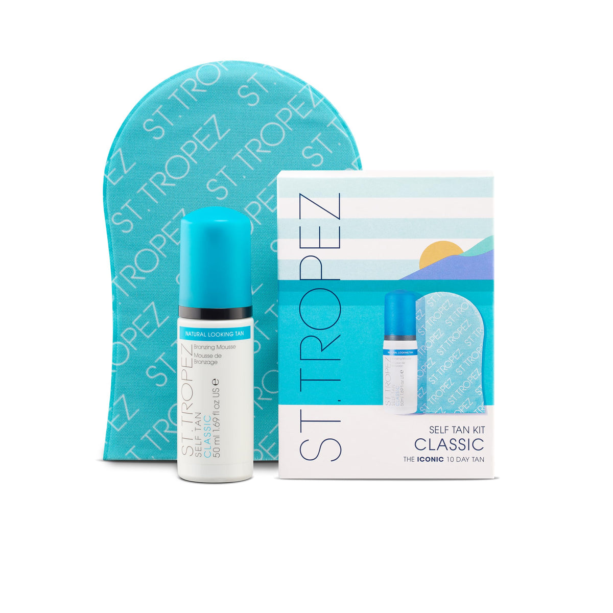 St.Tropez Self Tan Classic Mini Kit front view with bronzing mousse and tanning mitt