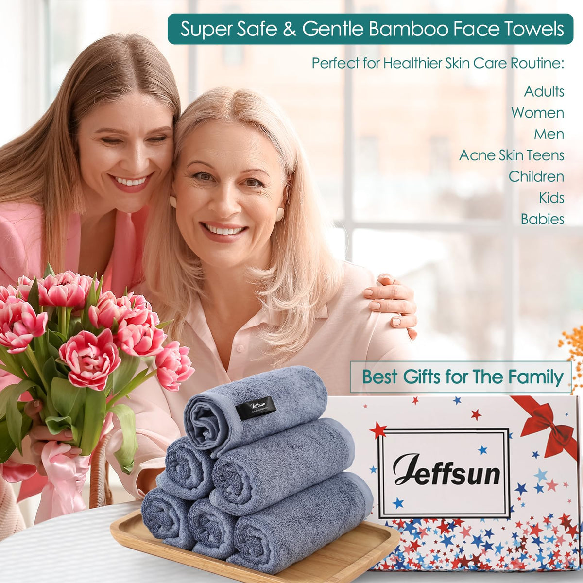 Stacked JEFFSUN face wash cloths in slate blue