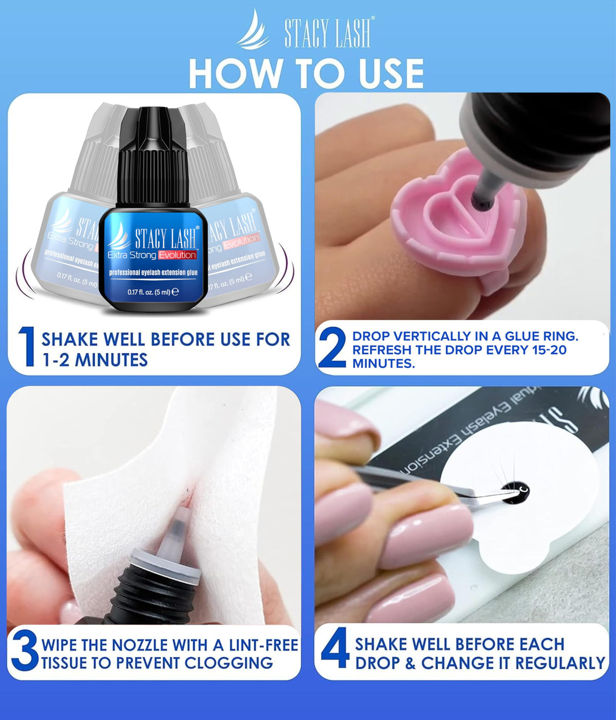 STACY LASH Extra Strong Evolution Eyelash Extension Glue bottle side view