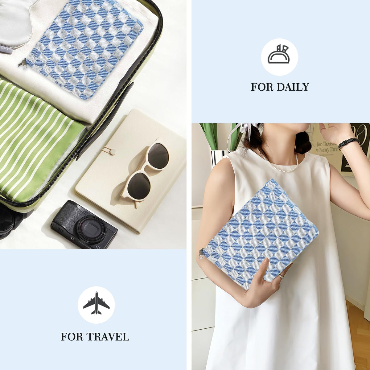 STARDW Checkered Makeup Bag folded for storage