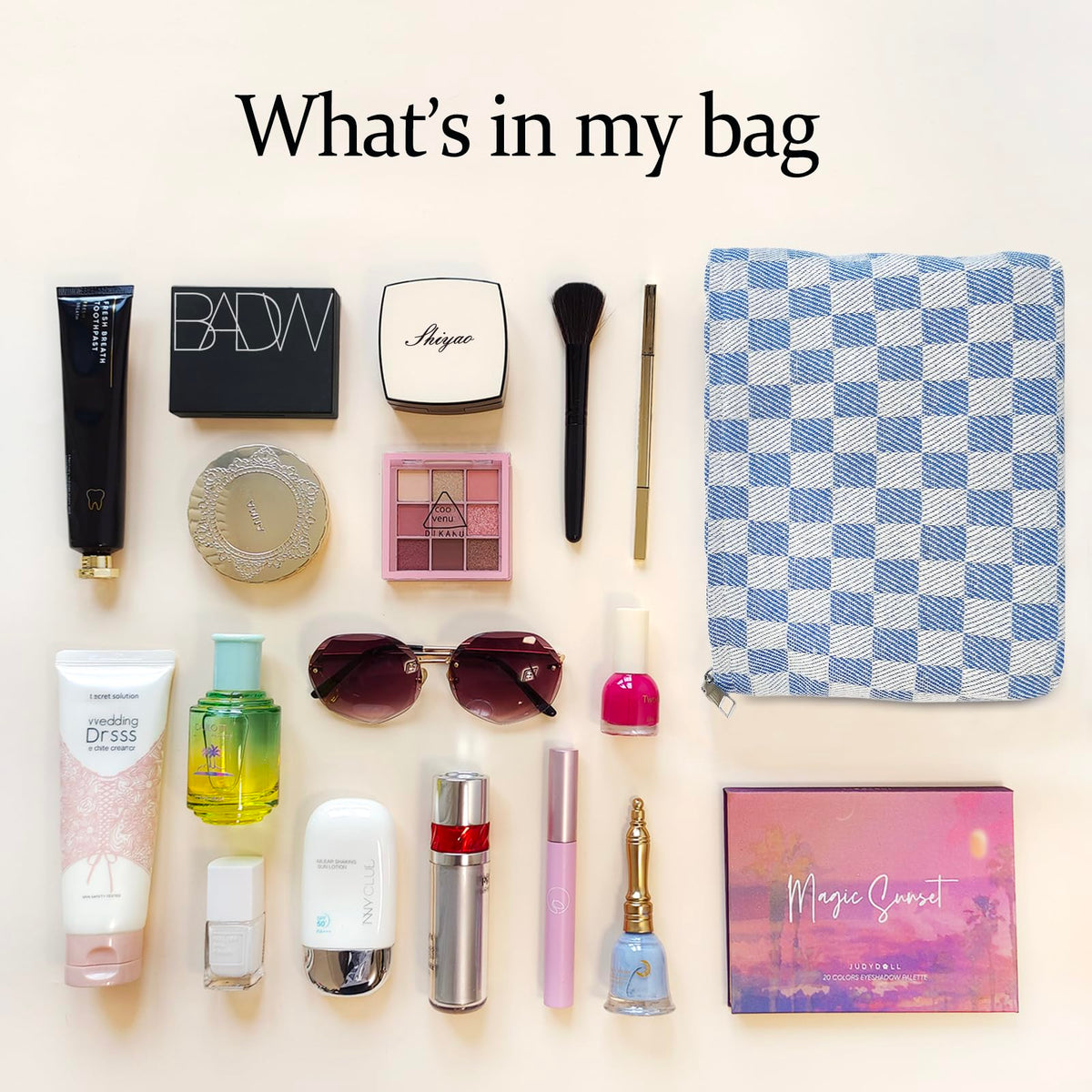 STARDW Checkered Makeup Bag in a travel setting