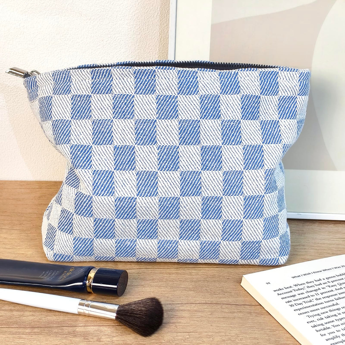 STARDW Checkered Makeup Bag open showing interior
