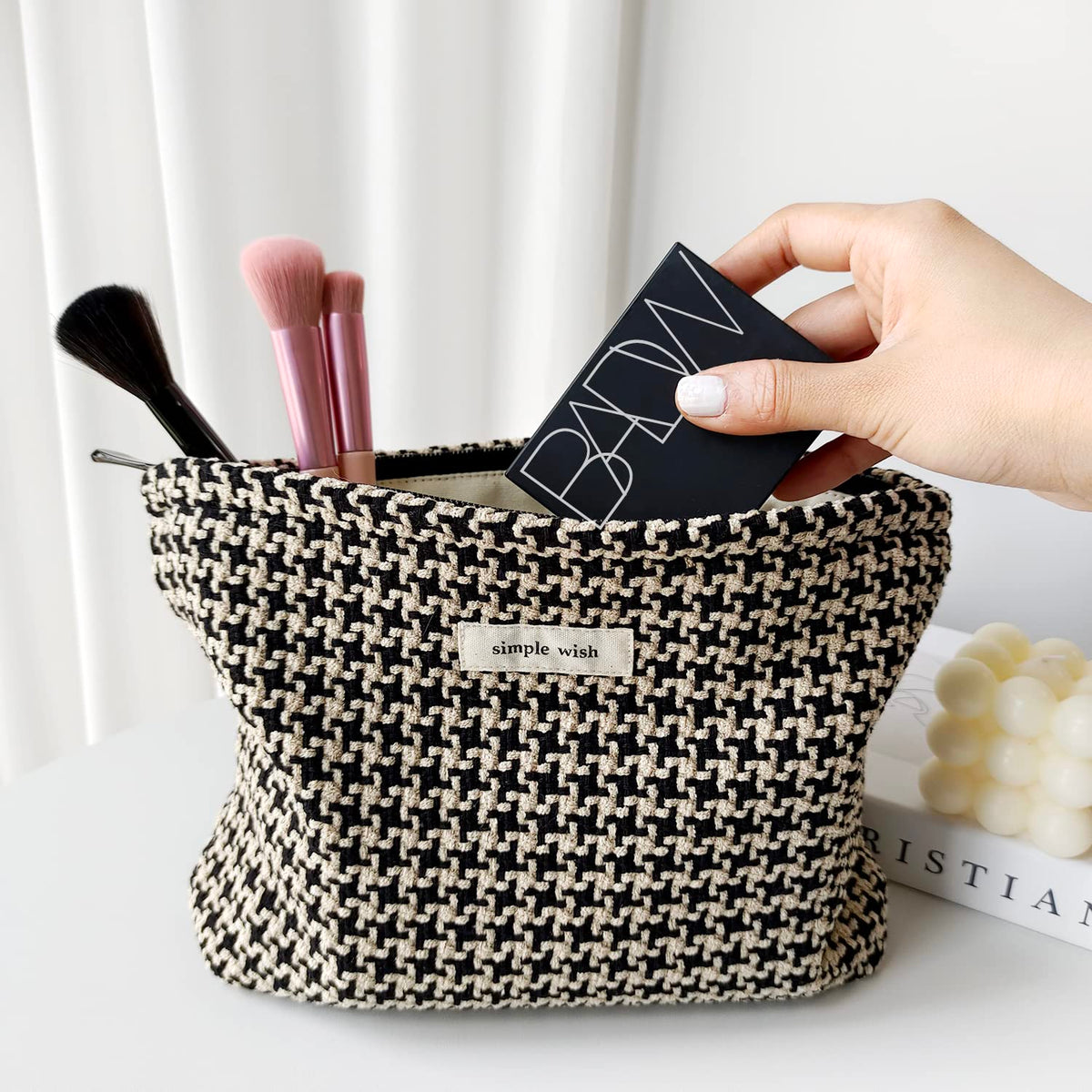 STARDW Checkered Makeup Bag open top view showcasing spacious interior