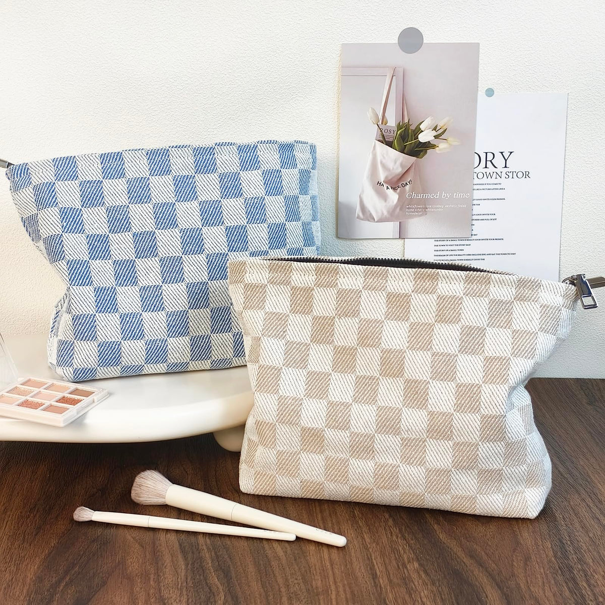STARDW Checkered Makeup Bag with accessories