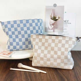 STARDW Checkered Makeup Bag with accessories