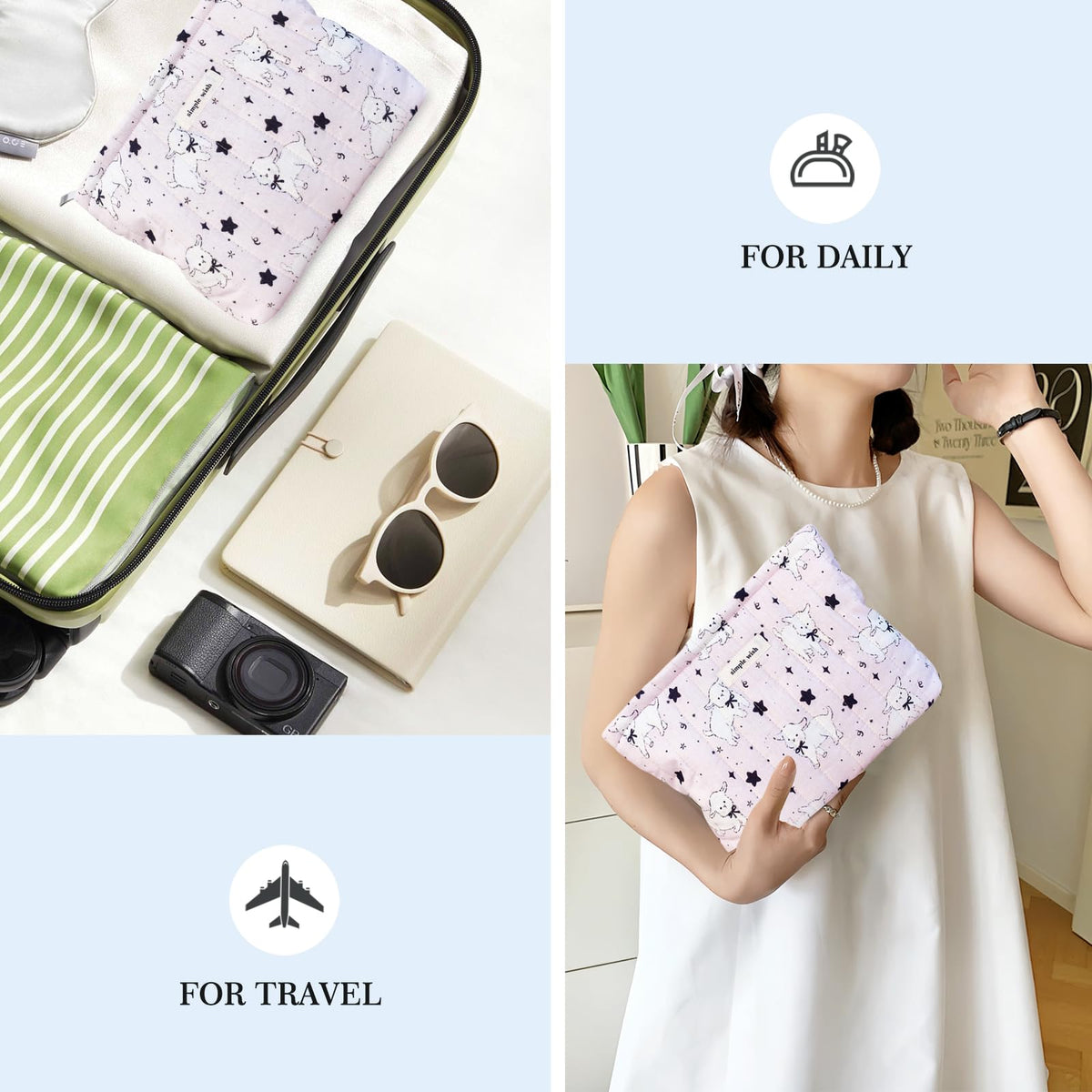 STARDW Cute Cotton Quilted Makeup Bag on a travel suitcase