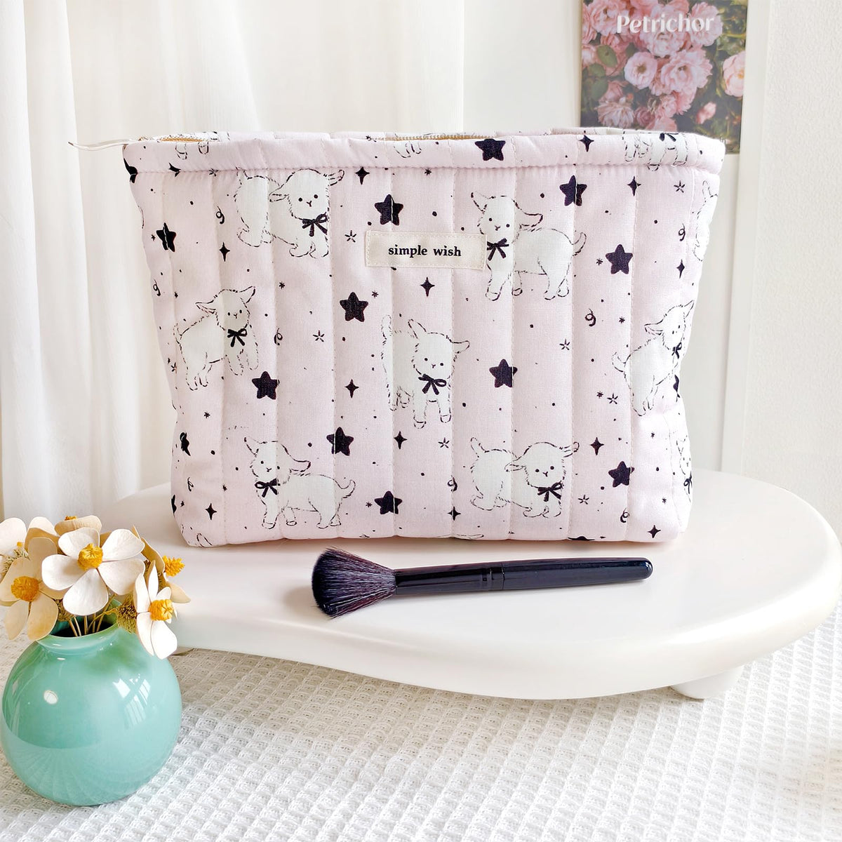 STARDW Cute Cotton Quilted Makeup Bag open top view showing interior