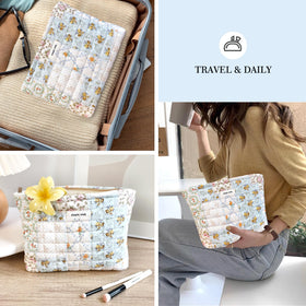 STARDW Cute Cotton Quilted Makeup Bag packed in a suitcase