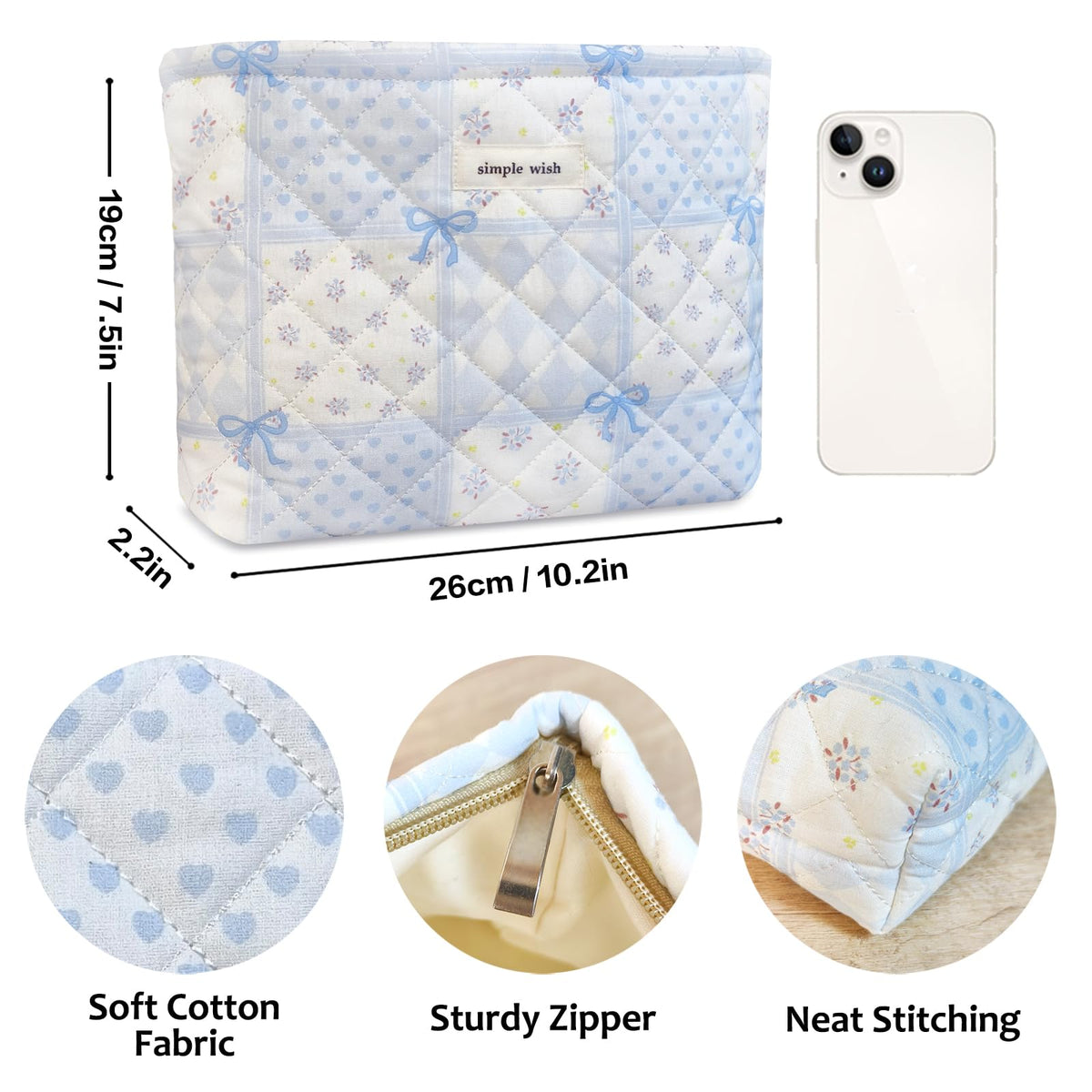 STARDW Cute Cotton Quilted Makeup Bag side view with zipper