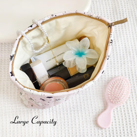 STARDW Cute Cotton Quilted Makeup Bag with cosmetics inside