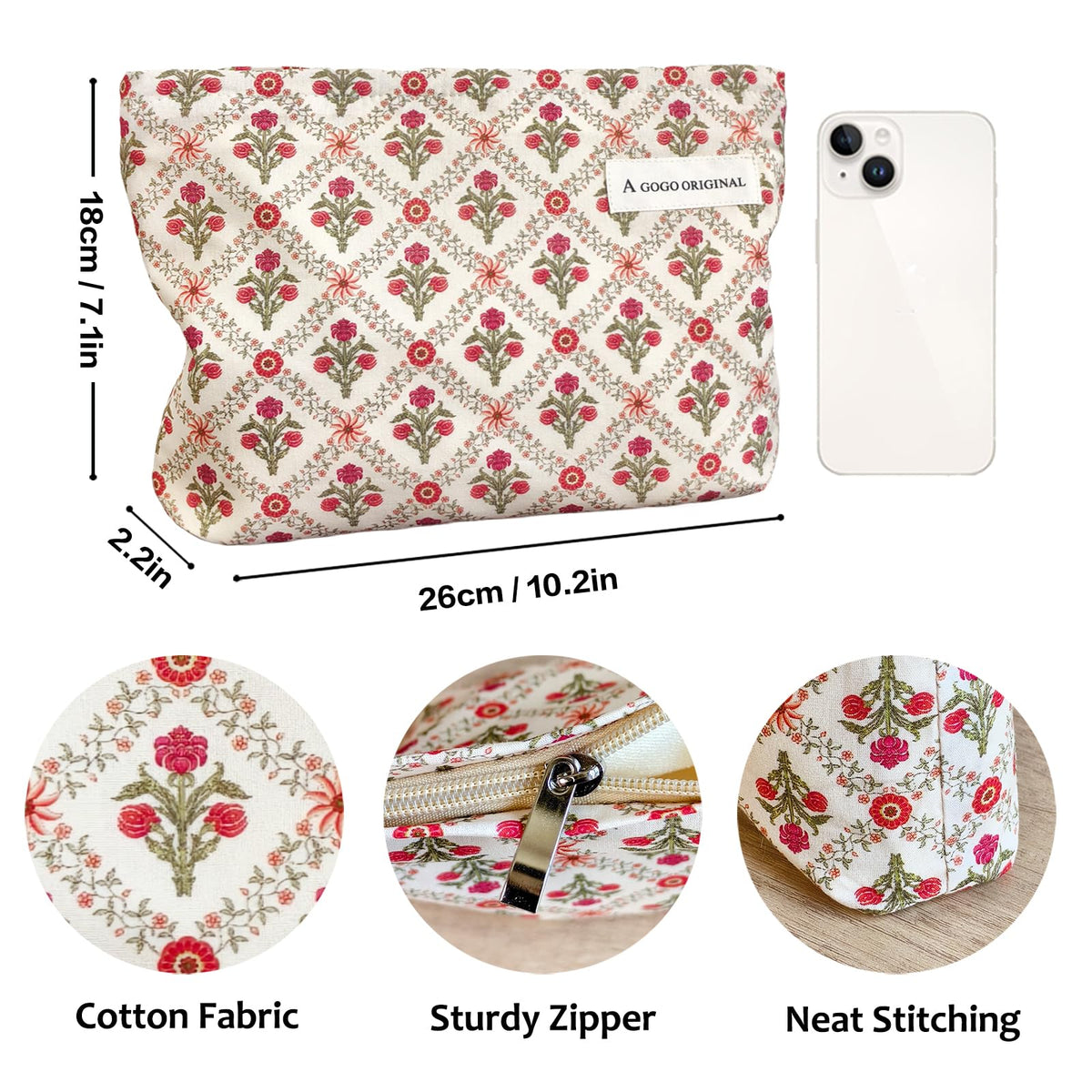 STARDW Floral Makeup Bag side view with zipper