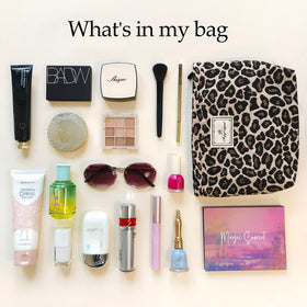 STARDW Leopard Makeup Bag in a travel setting